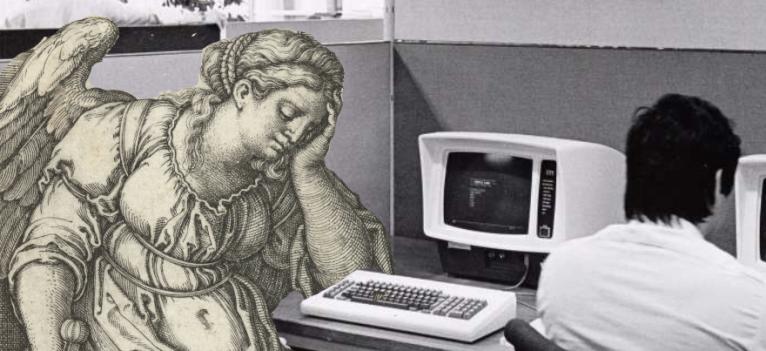Imagen de un ángel preocupado al lado de un computador